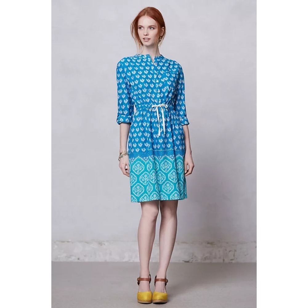 MEADOW RUE Anthro Sz 4 Anila Blue/Teal Print Shirt Dress Drawstring w/‎ Pockets